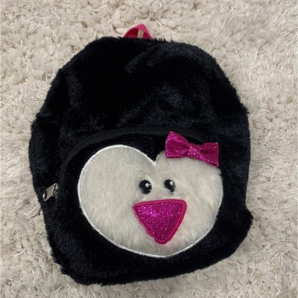 Kids Black and Pink Furry Penguin Backpack